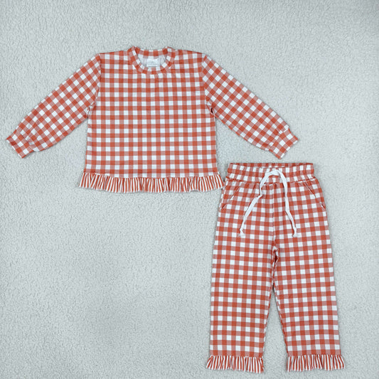 Baby Girls Kids Long Sleeves Orange Plaid Shirt Pockets Ruffle Pants Set Clothes