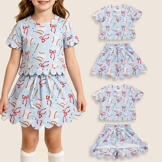Baby Girls Short Sleeves Baseball Bows Shirt Shorts Skirt Yoga Active Blue Clothes Set