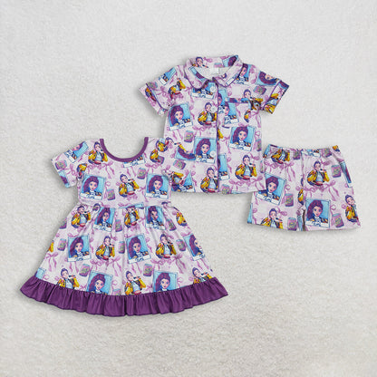 Sibling Baby Girls Short Sleeves Singer Characters Purple Bows Dress Pajamas Set