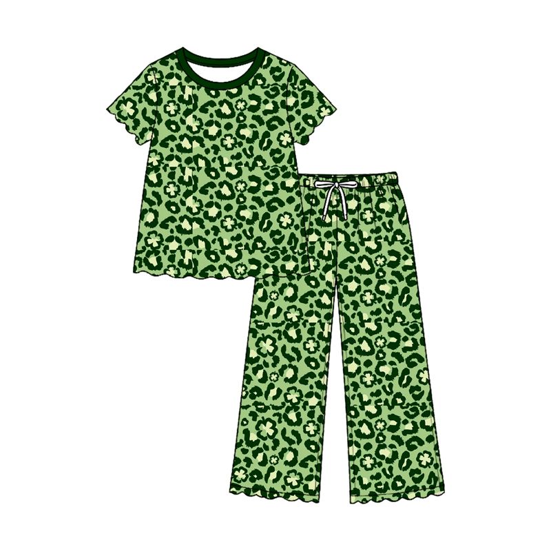 Moq 5 Preorder Baby Girls Kids Green Leopard Shirt Scalloped Pants St Patrick Set Clothes