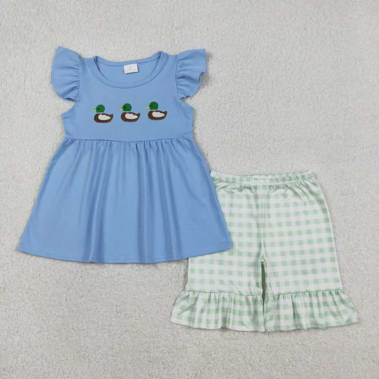 RTS Sibling Baby Girls Kids Short Sleeves Embroidery Ducks Bubble Romper Set