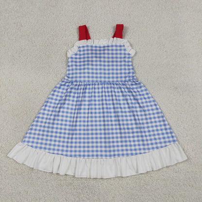 Baby Girls Sleeveless Blue Plaid Ruffle Knee length Dress 4th of July Clothes