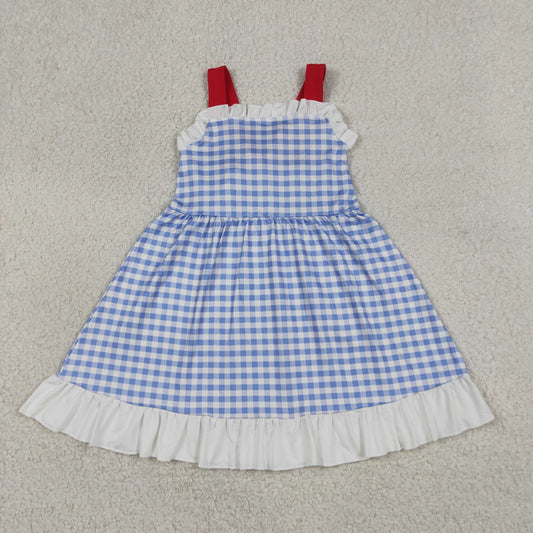 Baby Girls Sleeveless Blue Plaid Ruffle Knee length Dress 4th of July Clothes