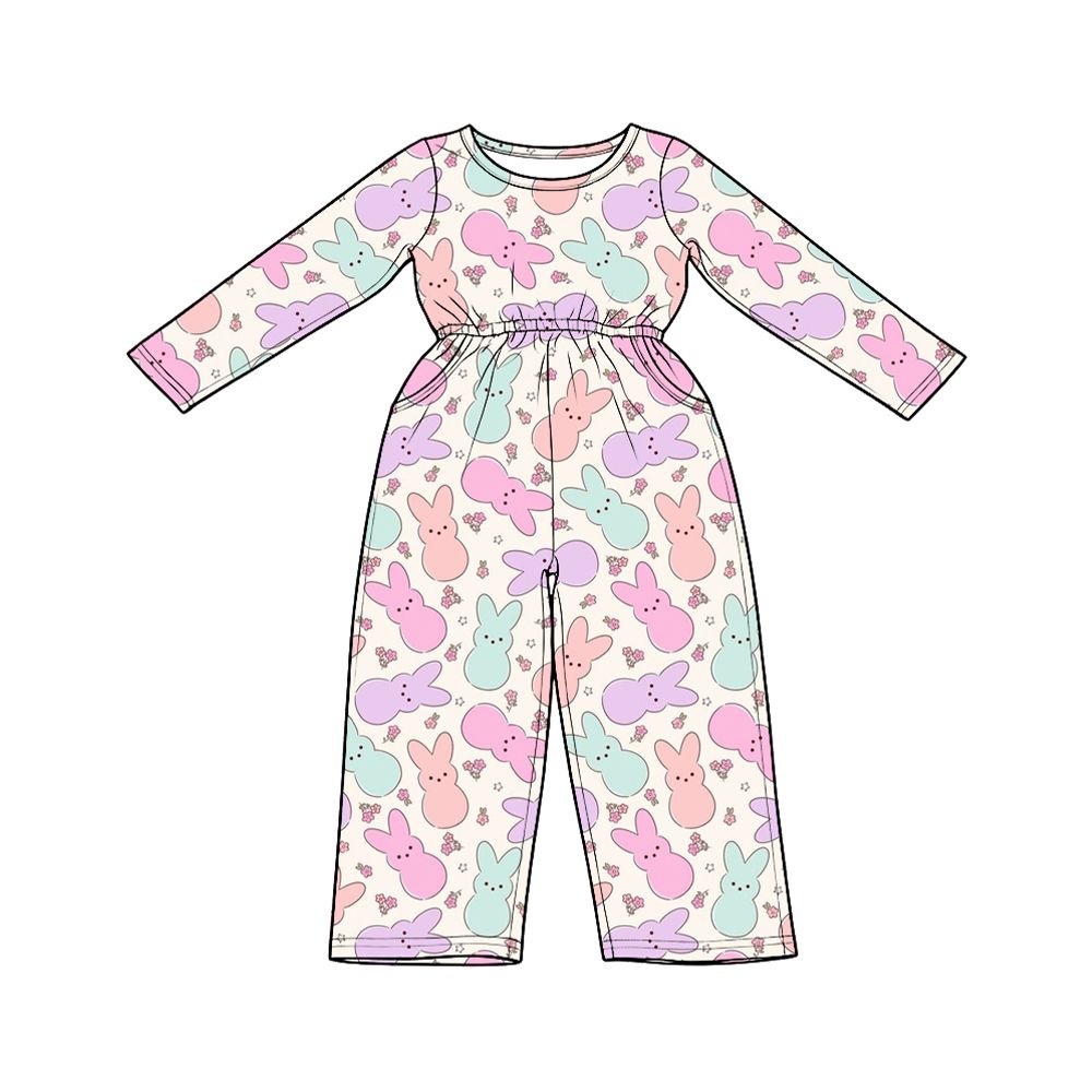 Moq 5 Preorder Baby Girls Kids Long Sleeves Rabbits Floral Pockets Pants Easter Jumpsuit Clothes