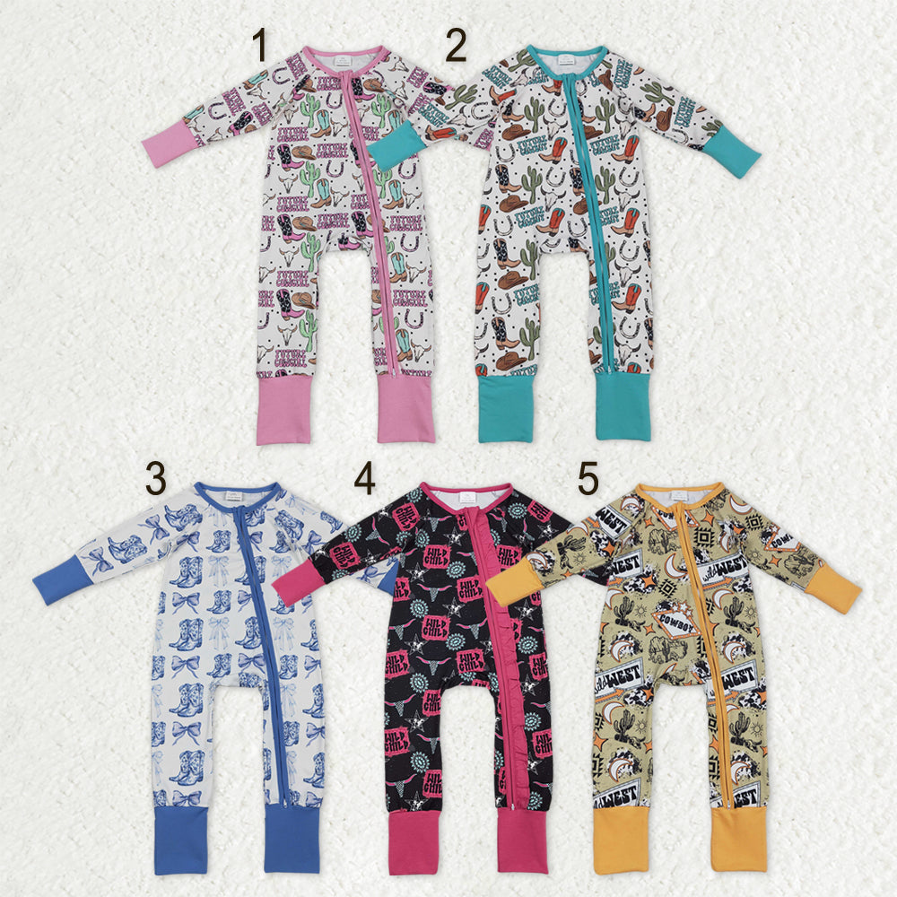 Sibling Baby Boys Girls Long Sleeves Boots Cactus Western Cow Print Zipper Footie Sleeper Rompers