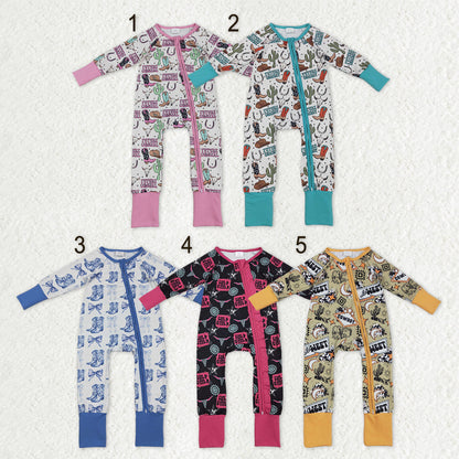 Sibling Baby Boys Girls Long Sleeves Boots Cactus Western Cow Print Zipper Footie Sleeper Rompers