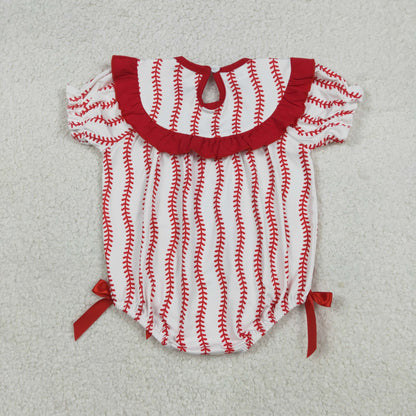 Baby Girls Short Sleeves Embroidery Bows Baseball Team Red Ruffle Smocked Bubble Romper