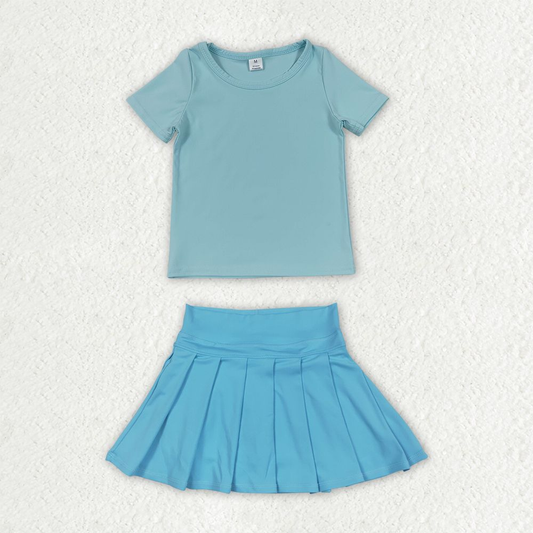 Baby Girls Kids Short Sleeves Blue Shirt Skirt Shorts Yoga Active Set Clothes