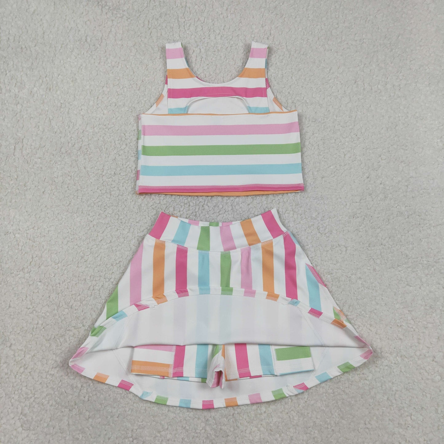 RTS Baby Girls Kids Sleeveless Colorful Stripes Shirt Shorts Skirt Skort Yoga Active Clothes Set