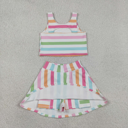 RTS Baby Girls Kids Sleeveless Colorful Stripes Shirt Shorts Skirt Skort Yoga Active Clothes Set