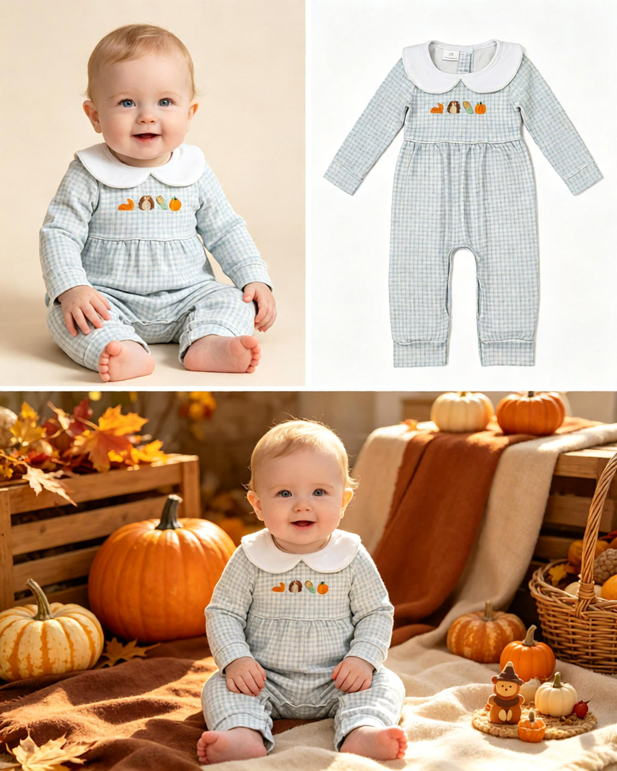 Baby Boy Infant Embroidery turkey Pumpkin Plaid Romper Fall Clothes