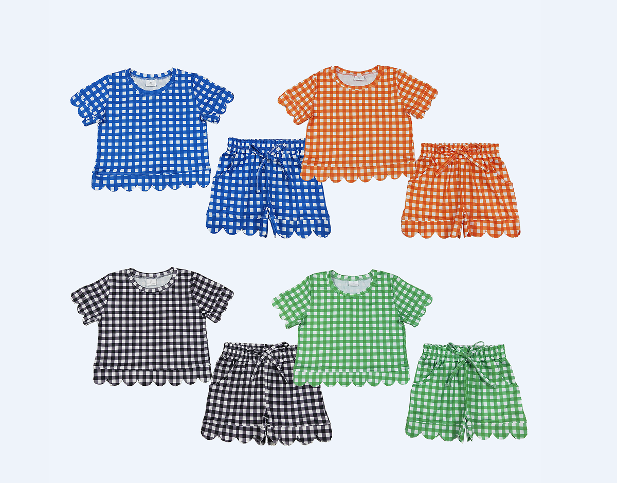 Sibling Baby Girls Kids Short Sleeves Plaid Shirts Scallop Shorts Sets Summer Clothes