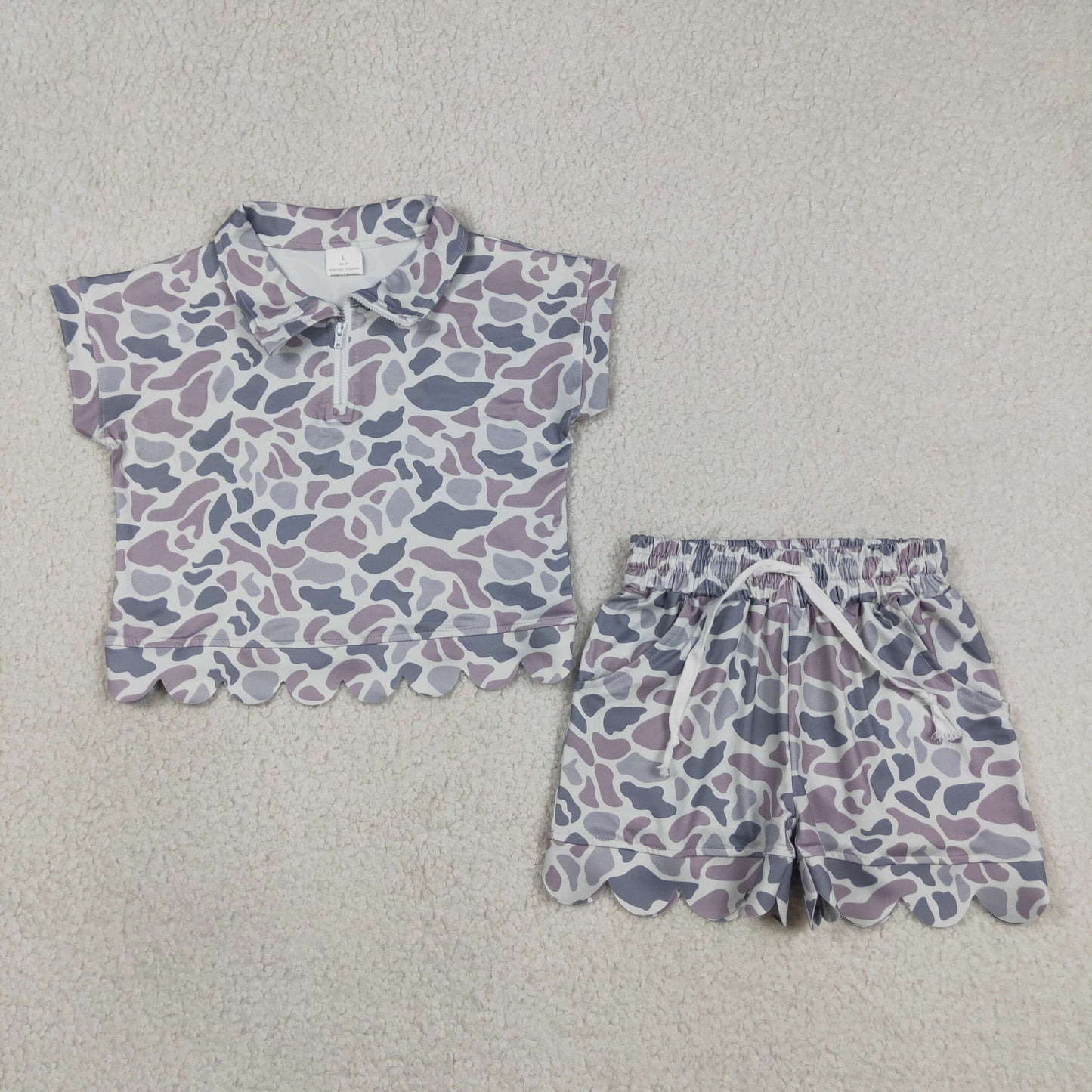 Baby Girls Kids Short Sleeves Grey Camo Zipper Shirt Scallop Shorts Set Clothes