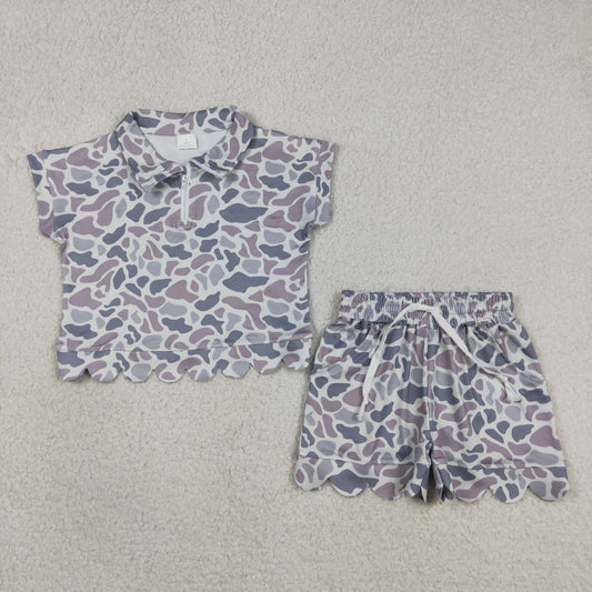Baby Girls Kids Short Sleeves Grey Camo Zipper Shirt Scallop Shorts Set Clothes
