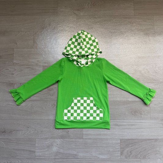 No moq Preorder Baby Girls Kids Green Hoodie Checked Pocket Pullover Tops Clothes