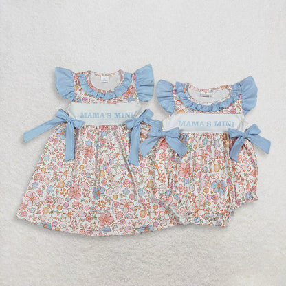 RTS Sibling Baby Girls Kids Short Sleeves Mama's MIni Flower Bows Romper Dress Clothes