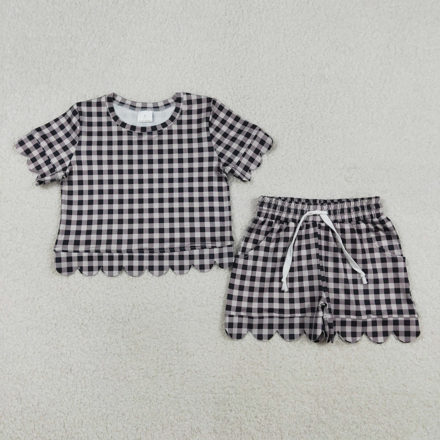 RTS Baby Girls Kids Short Sleeves Black Plaid Shirt Scallop Shorts Clothes Set