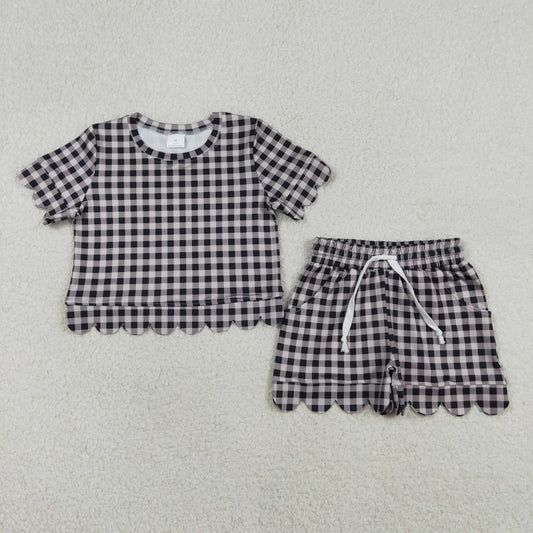 RTS Baby Girls Kids Short Sleeves Black Plaid Shirt Scallop Shorts Clothes Set