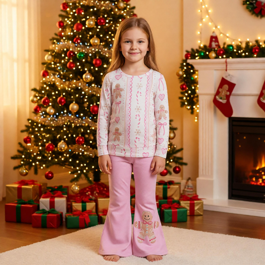 Baby Girls Kids Long Sleeves Gingerbread Bows Christmas Shirt Pink Pants Set Clothes