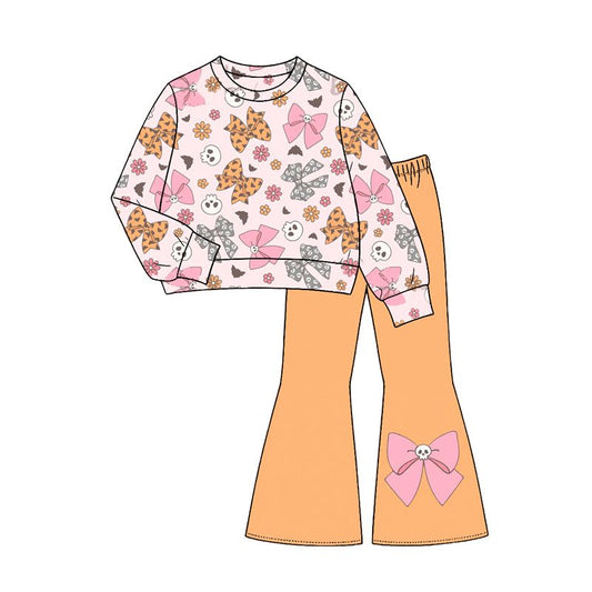 Moq 5 Preorder Baby Girls Kids Long Sleeves Bows Shirt Bell Pants Halloween Set Clothes