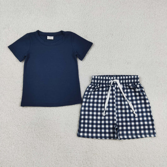 RTS Baby Boys Kids Navy Short Sleeves Shirt Plaid Pockets Shorts Summer Clothes Set