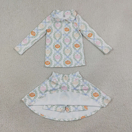 Baby Girls Kids Pumpkins Bows Zipper Shirt Skirt Shorts Yoga Active Set Fall Clothes