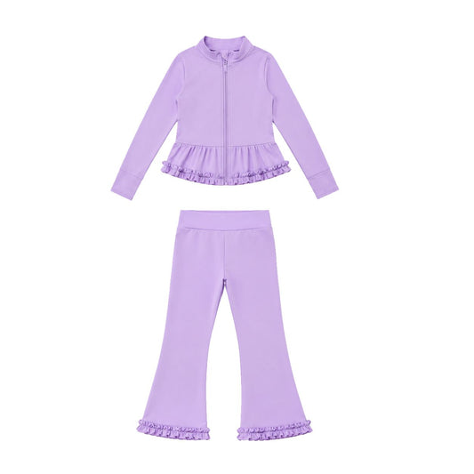 Moq 5 Preorder Baby Girls Kids Zipper Ruffle Cardigan Lavender Tops Pants Set Yoga Active Clothes