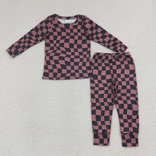Baby Boys Kids Long Sleeves Brown Black Plaid Shirt Pants Set Pajamas Clothes