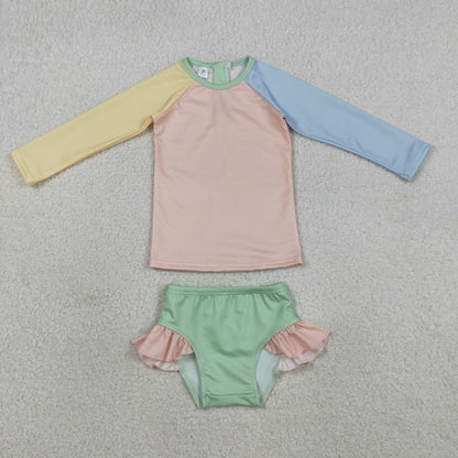 RTS Baby Girls Kids Long Sleeves Zipper Tops Ruffle Shorts Set Swimsuit