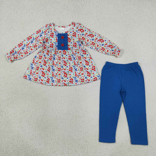 Baby Girls Kids Long Sleeves Floral Buttons Tunic Blue Pants Set Clothes
