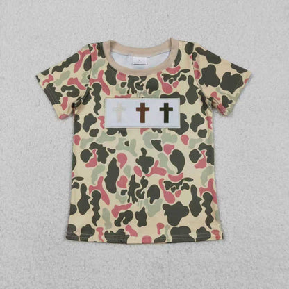 Sibling Baby Boys Kids Embroidery Crosses Easter Camo Romper Shirt Tops