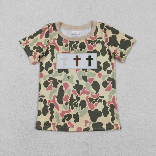 Sibling Baby Boys Kids Embroidery Crosses Easter Camo Romper Shirt Tops