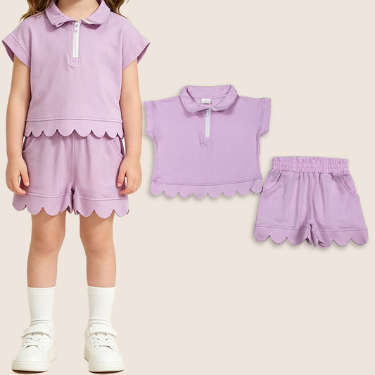 Baby Girls Kids Short Sleeves Zipper Shirt Scallop Shorts Set