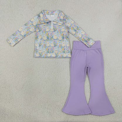 Baby Girls Kids Ghosts Flower Zipper Pockets Tops Purple Pants Set Halloween Clothes