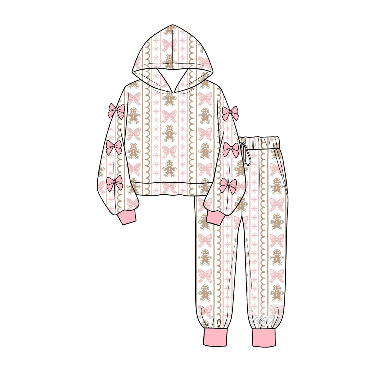 Moq 5 Preorder Baby Girls Kids Christmas Gingerbread Bows Hoodie Pullover Pockets Pants Set Clothes