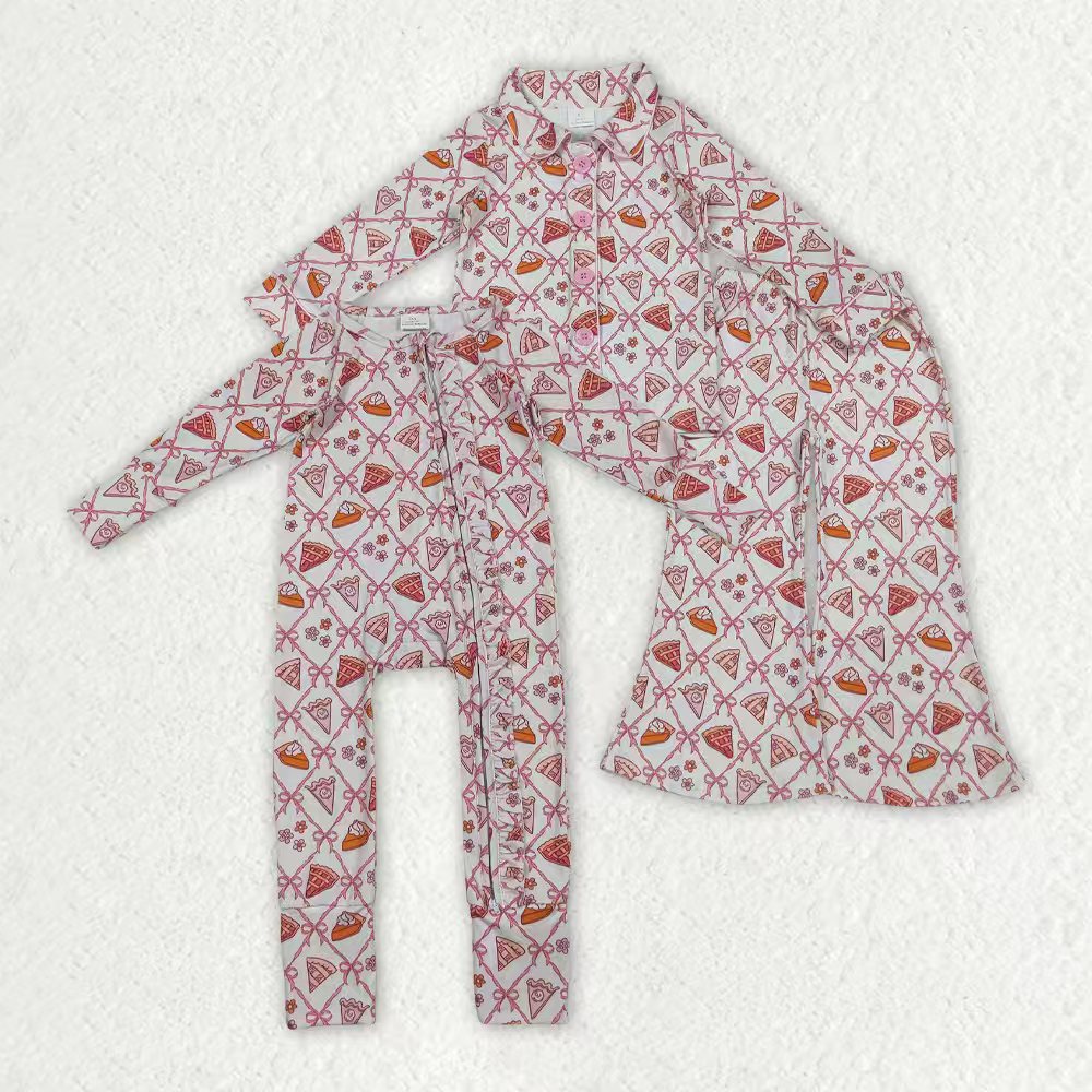 Sibling Kids Girl Long Sleeves Pumpkin Pie Bows Thanksgiving Zipper Romper Pajamas Set