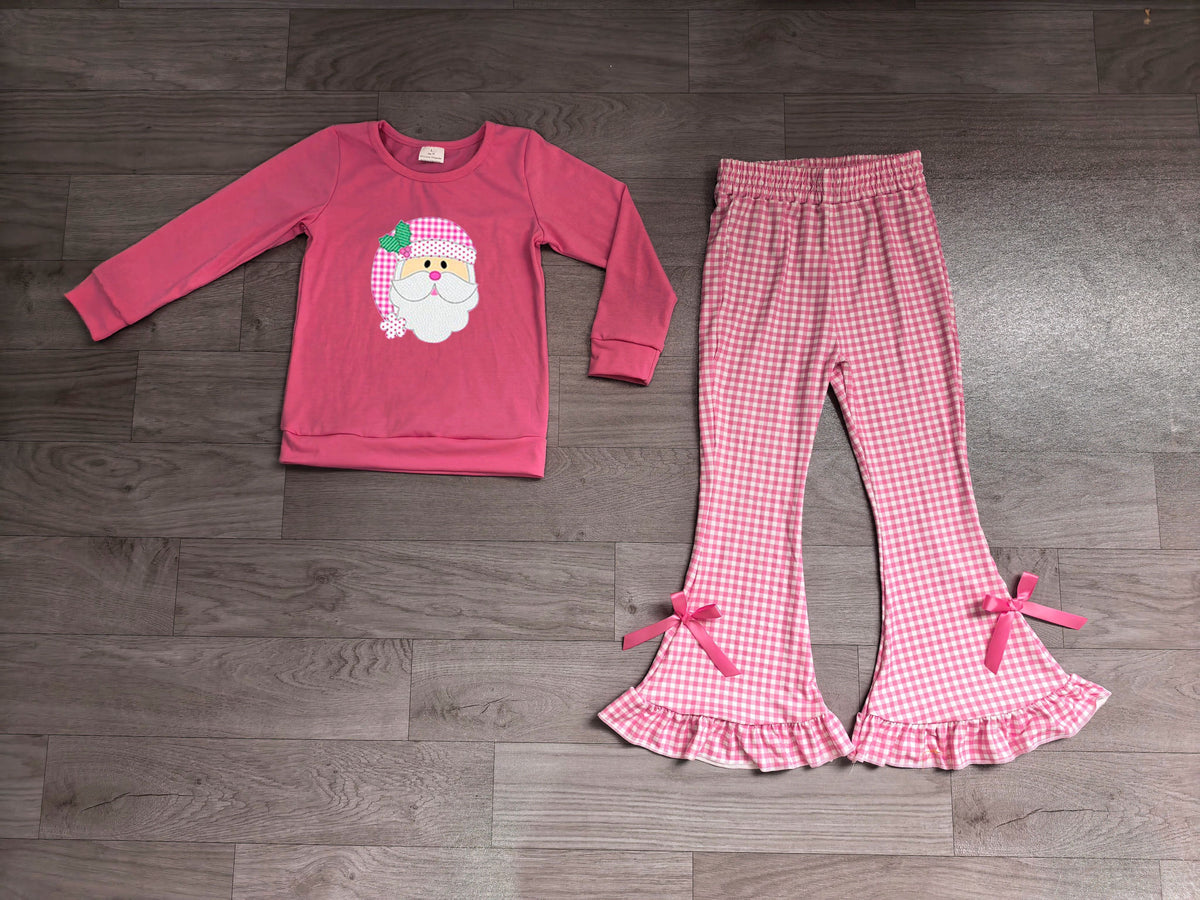 No moq Preorder Baby Girls Kids Embroidery Christmas Santa Shirt Pink Plaid Bows Pants Set Clothes
