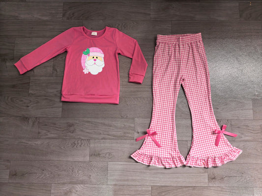 No moq Preorder Baby Girls Kids Embroidery Christmas Santa Shirt Pink Plaid Bows Pants Set Clothes