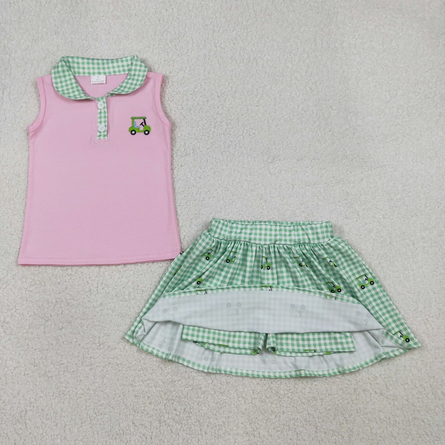 RTS Baby Girls Kids Sleeveless Embroidery Golf Truck Pink Tops Green Plaid Skirt Clothes Set