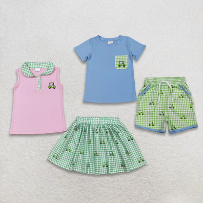 RTS Sibling Baby Boys Girls Kids Embroidery Golf Tops Plaid Bottoms Summer Clothes Sets