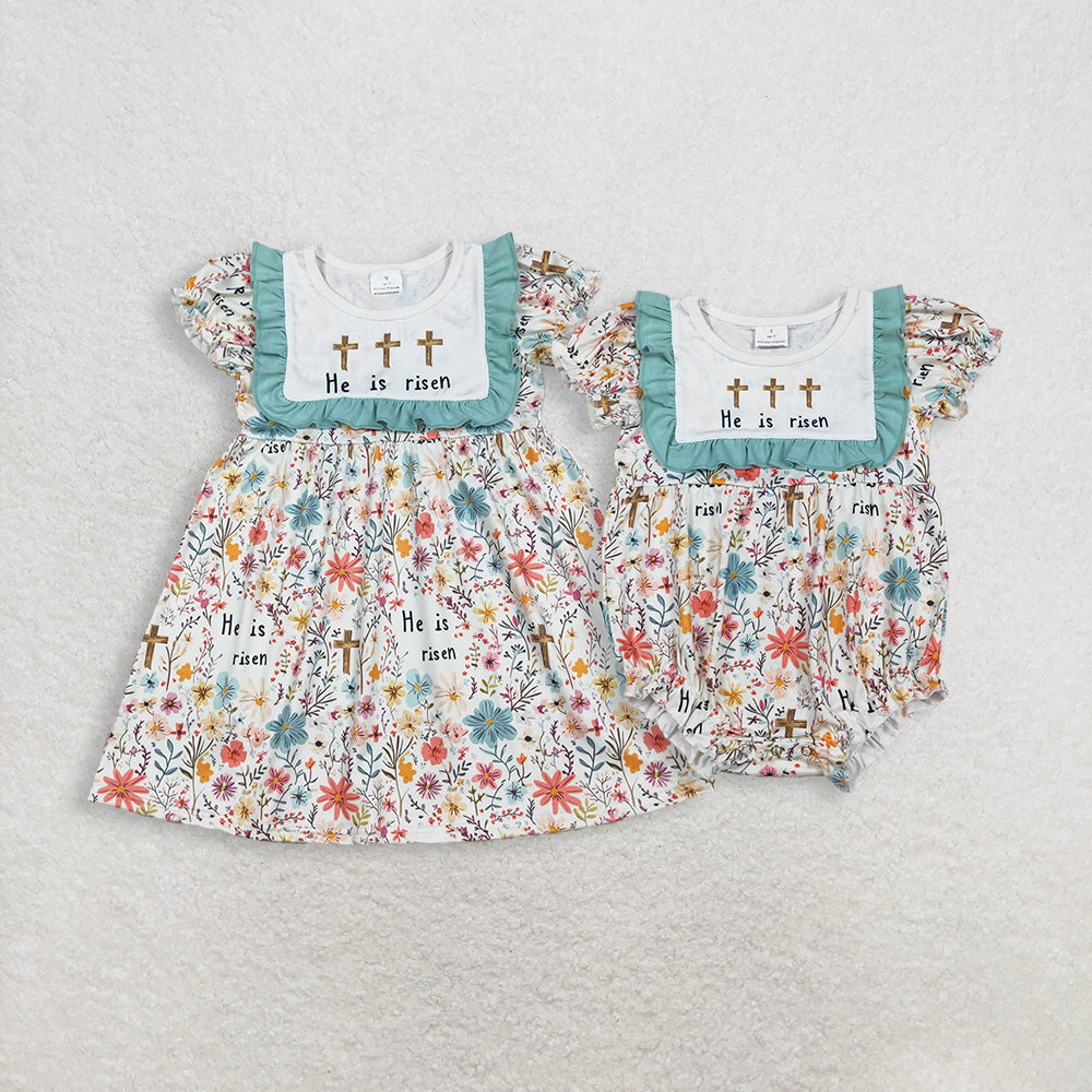 RTS Sibling Baby Girls Short Sleeves Crosses Flower Easter Romper Knee Length Dress