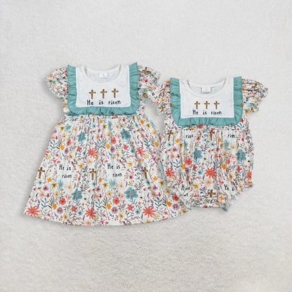 RTS Sibling Baby Girls Short Sleeves Crosses Flower Easter Romper Knee Length Dress