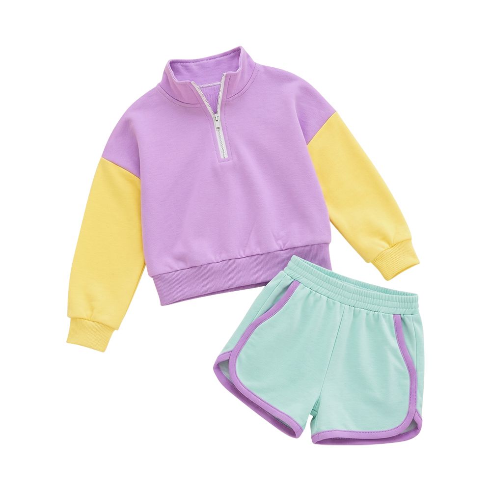 Moq 5 Preorder Toddler Girls Contrast Half Zip Collar Sweatshirt Athletic Shorts Tracksuit Set