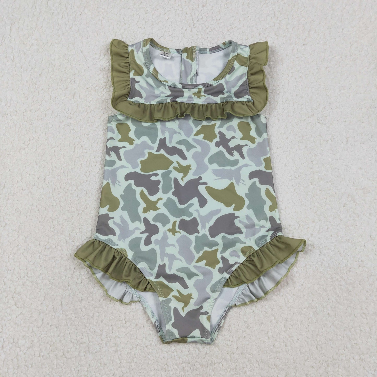 RTS Baby Girls Kids Short Sleeves Ducks Camo Green Ruffle One-piece Swimsuit