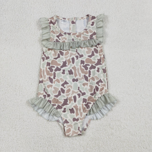 RTS Baby Girls Short Sleeves Camo Green Ruffle One-piece Swimsuit