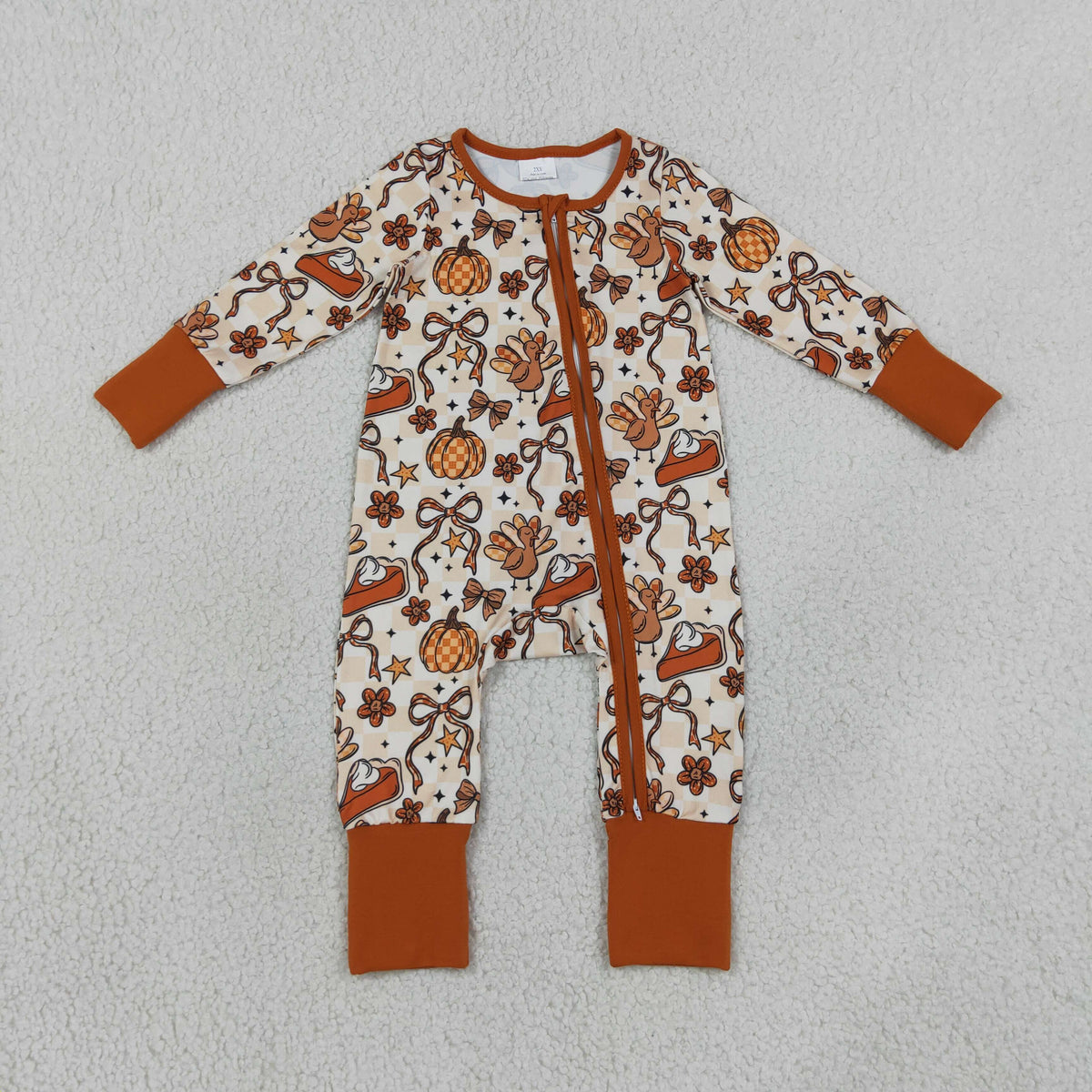 Baby Girls Kids Long Sleeves Pumpkins turkey Bows Zipper Footie Sleeper Fall Romper
