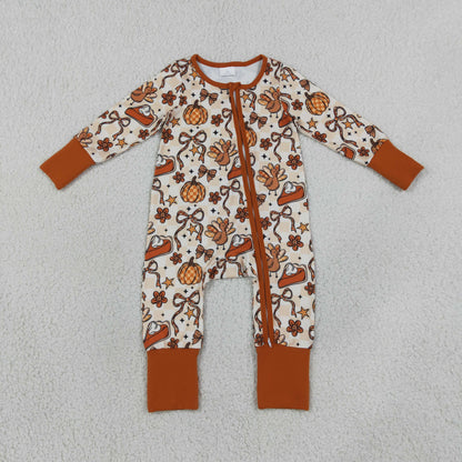 Baby Girls Kids Long Sleeves Pumpkins turkey Bows Zipper Footie Sleeper Fall Romper