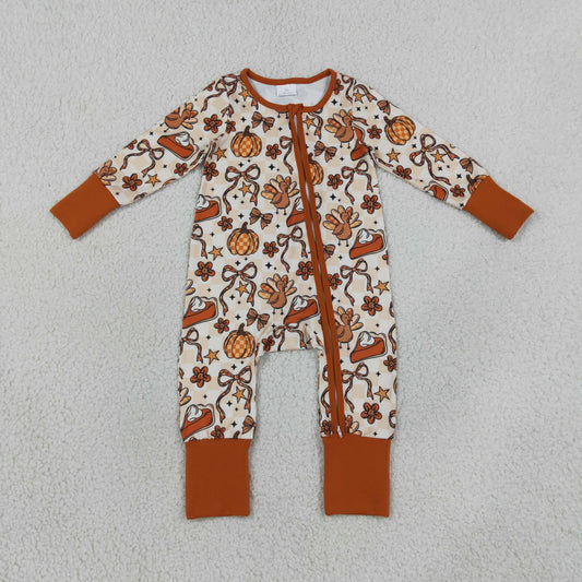 Sibling Baby Girls Kids Pumpkins Bows turkey Zipper Footie Romper Set Thanksgiving Fall Clothes