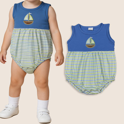Baby Boys Infant Sleeveless Embroidery Boat Stripes Bubble Romper