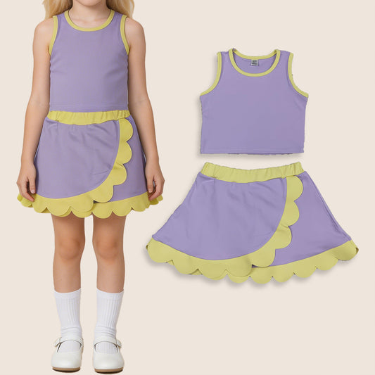 GSD4011 Baby Girls Kids Shirt Scallop Skirt Shorts Yoga Active Purple Set Clothes